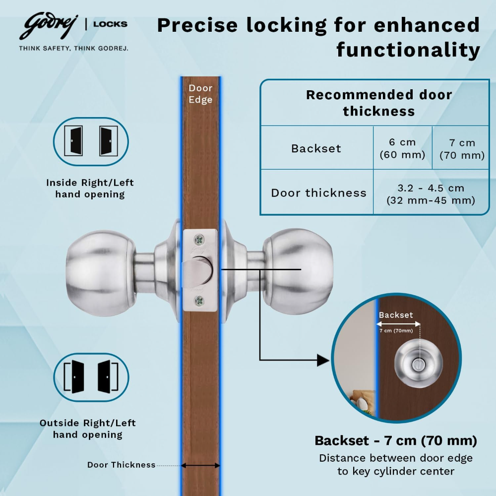 Godrej Cylindrical Lock I With 3 keys I Classic Range I For bedroom, For Home and Office I Suitable for Left  Right, Inside and Outside Opening Doors I Basket 70mm I Satin Steel Finish I  5 Years Warranty